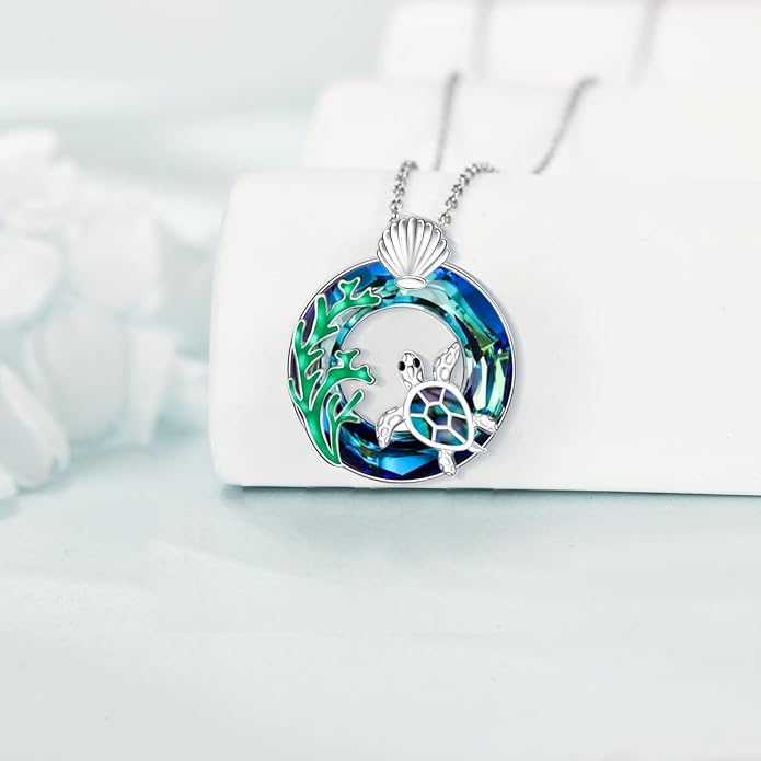 TOUPOP Sea Turtle/Mermaid/Dolphin/Shell/Starfish/Conch/Seahorse Necklace for Women Sterling Silver Ocean Pendant Necklace with Crystal Ocean Beach Charm Jewelry Birthday Christmas Gifts
