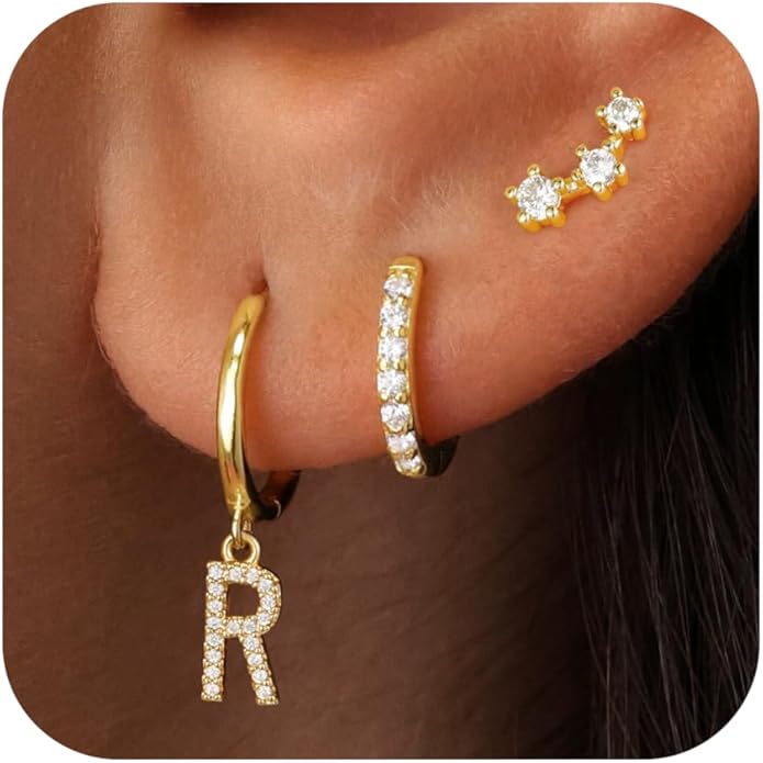 Valentines Day Gifts for Kids Girls - 3 Pairs Gold Earrings for Women Huggie Hoop Earrings for Girls with Initial Dangle Cartilage Earring Studs Hypoallergenic Earring Set for Multiple Piercing