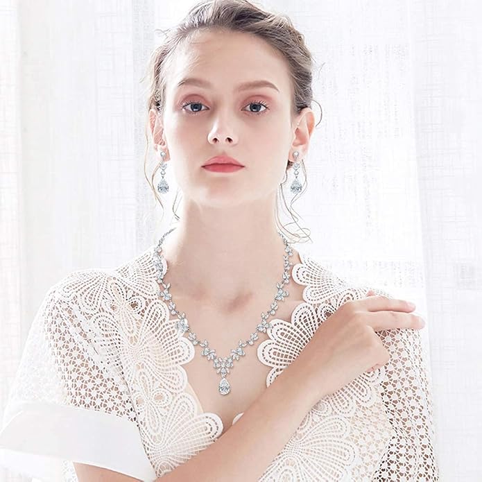 Hadskiss Jewelry Set for Women, Necklace Dangle Earrings Bracelet Set with White AAA Cubic Zirconia, Allergy Free Wedding Party Jewelry for Bridal Bridesmaid
