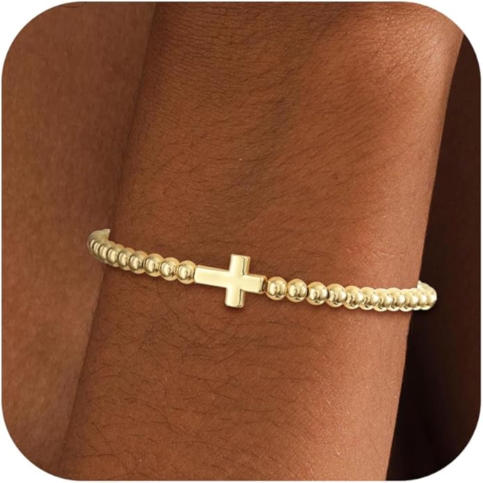 Valentines Day Gifts for Women Her - Beaded Stretch Handmade Ball Bracelets Cute Charm Bracelet Dainty Stackable Cross Heart Bow Wave CZ Jewelry Gifts Trendy Stuff