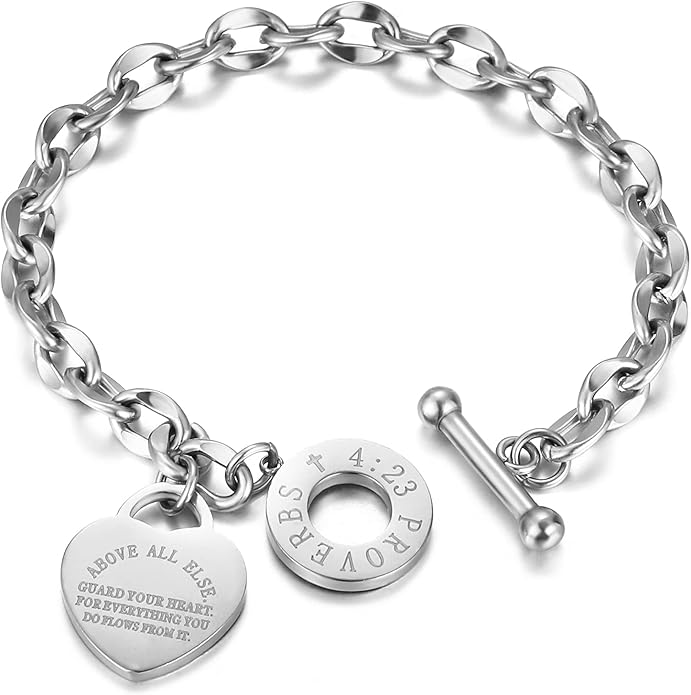 Emibele Heart Charm Bracelet for Women, Bible Verse Bracelet Stainless Steel 18K Gold Plated Bracelet Love Pendant Link Chain OT Clasp, Birthday Christmas Jewelry Gift for Mother Her