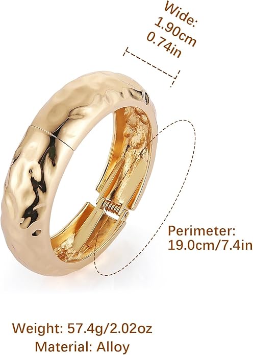 HZMAN 18K Gold Plated Wide Cuff Bracelet for Women - Premium Alloy Shiny Polished Double Layer Statement Bangle, Trendy Daily Wear Party Jewelry Accessory