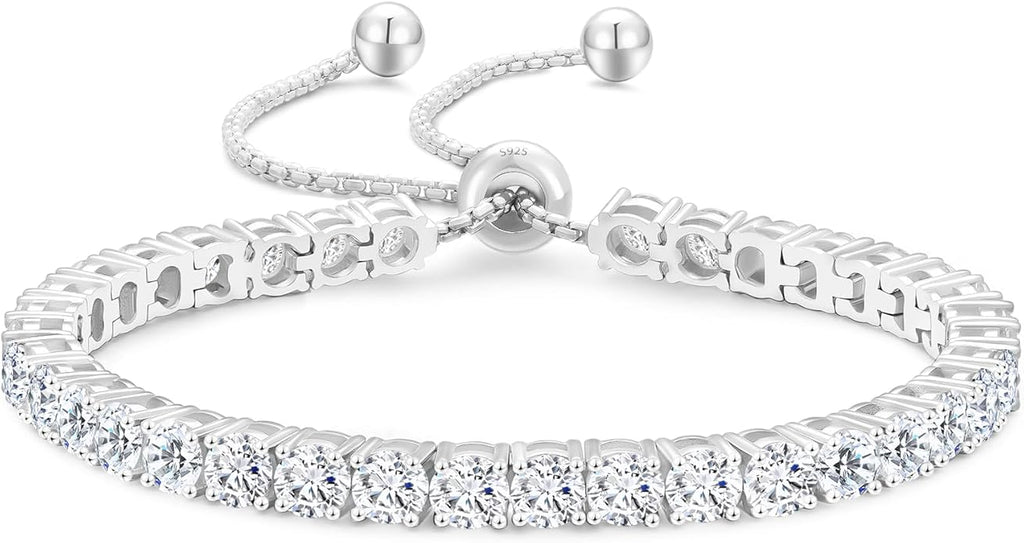 KRKC&CO Tennis Bracelet, Adjustable Length S925 Sterling Silver 2/3/4mm, Christmas Birthday Gifts for Her, Gift Box, Cubic Zirconia Bolo Bracelets for Women White/14K Gold Plated, Hypoallergenic