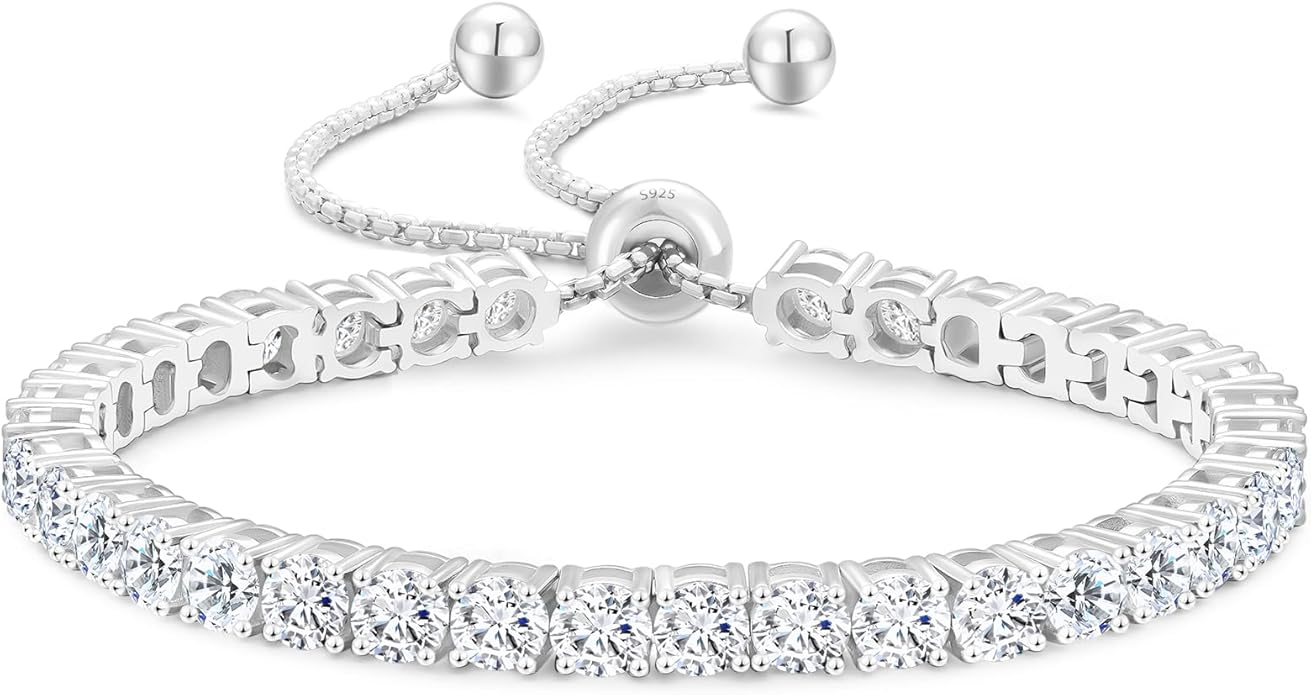 KRKC&CO Tennis Bracelet, Adjustable Length S925 Sterling Silver 2/3/4mm, Christmas Birthday Gifts for Her, Gift Box, Cubic Zirconia Bolo Bracelets for Women White/14K Gold Plated, Hypoallergenic