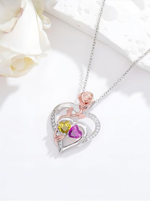 Rose Flower Heart Pendant for Women Birthday Gifts 18k Gold Plated Mother Daughter Necklace with 12 Months Birthstone Christmas Valentines Day Gifts for Her Mom Anniversarry Jewelry for Mom Wife Girlfriend