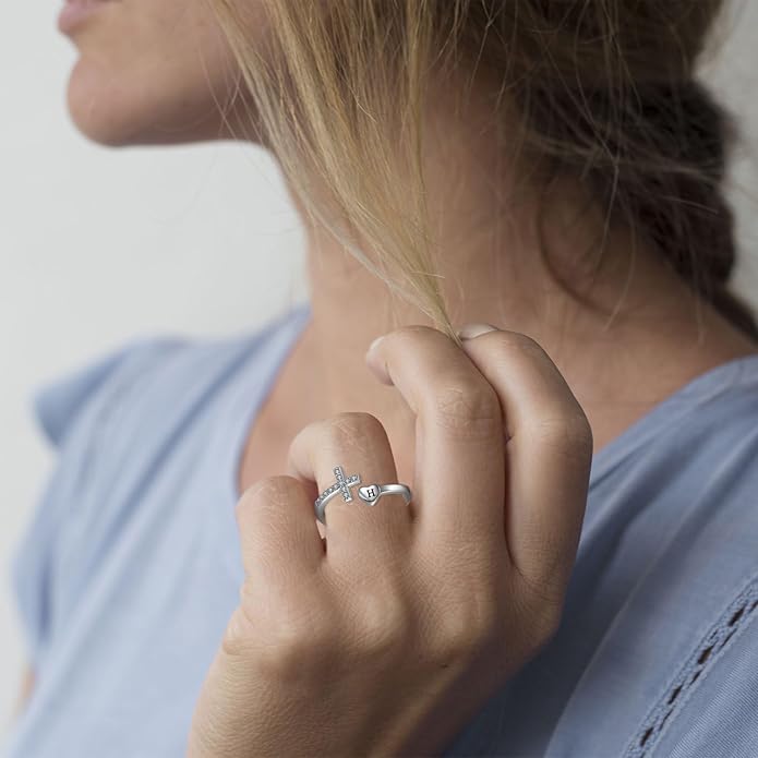 STARCHENIE Cross Initial Ring for Women 925 Sterling Silver Letters A-Z 26 Alphabet Adjustable Ring Size 7