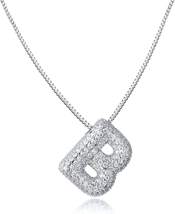 SKQIR Diamond Initial Letter Necklace for Women Bubble Gold Plated Puffy Balloon Alphabet Crystal Zircon Pendant Name Necklace Dainty Charms Trendy Jewelry Gift for Women