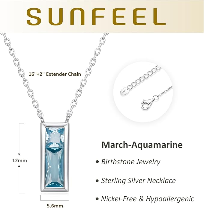 SUNFEEL Birthstone Necklace for Women, S925 Sterling Silver Necklaces with Square Cubic Zirconia Gemstone Necklace Women's Jewelry Anniversary Birthday Gifts for Women Mom Wife Her