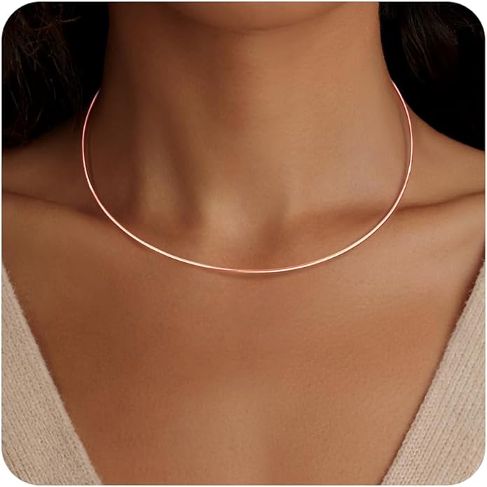 Dainty Choker Necklace for Women, Minimalist Simple Thin Lightweight Collar Choker, 14K Gold Plated Stainless Steel, Hypoallergenic Fashion Trendy Jewelry, Open Cuff Bangle Inspired Design Jewelry