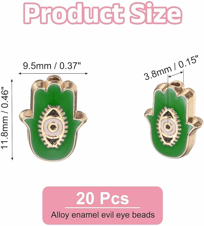 MECCANIXITY 20 Pcs Hand Evil Eye Beads Colorful Flat Loose Spacer Evil Eye Charms for DIY Bracelet Earrings Necklace Crafts Jewelry Making, Green