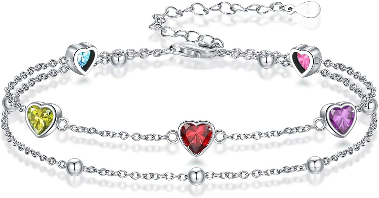 Birthstone Anklet/Bracelets for Women 925 Sterling Silver Charm Link Double Strand Heart Birthstone Jewelry Gift for Wife Women Mother's Day Gift