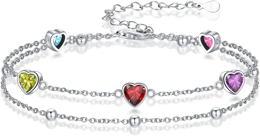 Birthstone Anklet/Bracelets for Women 925 Sterling Silver Charm Link Double Strand Heart Birthstone Jewelry Gift for Wife Women Mother's Day Gift