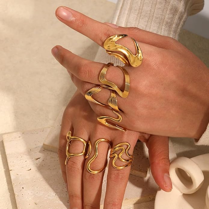 Chunky Rings For Women, Gold Silver Thumb Ring Asymmetrical Wavy Curve Ring Adjustable Non Tarnish Dainty Stainless Steel New Year Anniversary Birthday Jewelry Gift
