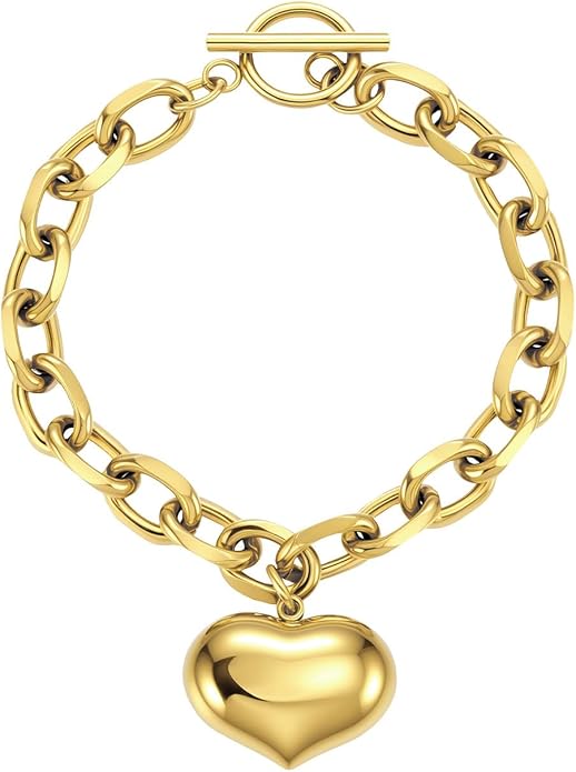 Emibele Heart Charm Bracelet for Women, Bible Verse Bracelet Stainless Steel 18K Gold Plated Bracelet Love Pendant Link Chain OT Clasp, Birthday Christmas Jewelry Gift for Mother Her