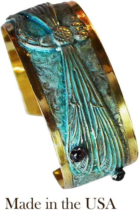 Elaine Coyne Collectible Artwear Verdigris Patina Solid Brass Decorative Dragonfly Cuff - Genuine Garnet