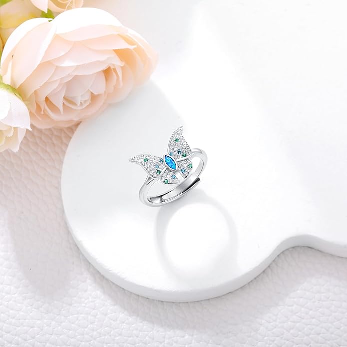 Sterling Silver Blue Butterfly Opal Rings for Women,Butterfly Open Ring Butterfly Ring Butterfly Adjustable Ring Opal Ring Jewelry Gift for Hers Ring Adjustable Size 6-9-1