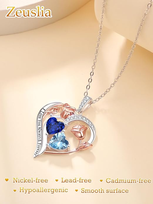 Valentine's Day Gifts for Wife 925 Sterling Silver Double Birthstone Pendant Necklaces I Love You for Always and Forever Necklace Anniversary Birthday Gifts for Wife Girlfriend Mom Her