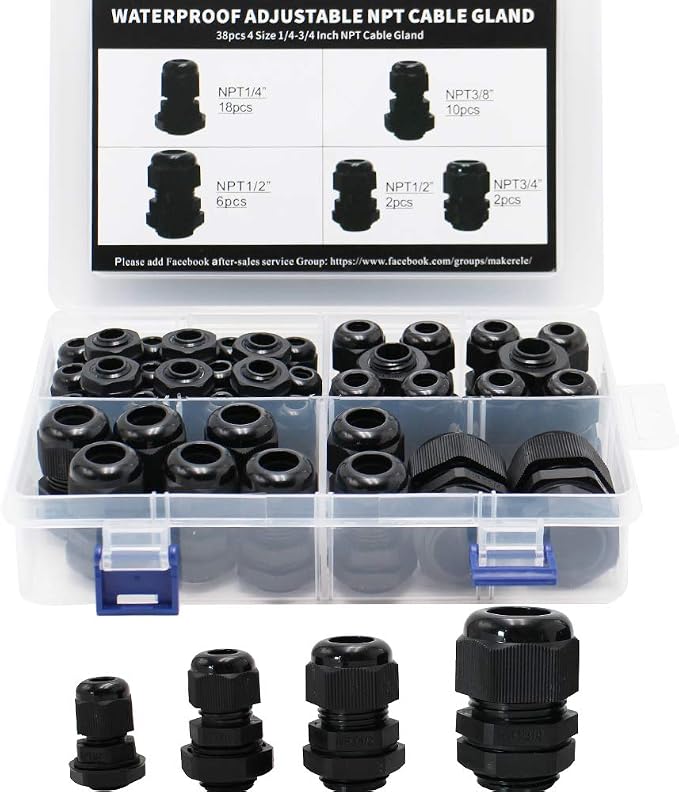 MAKERELE 38pcs NPT Cable Glands Kit Waterproof Strain Relief Connector | Black by MAKERELE