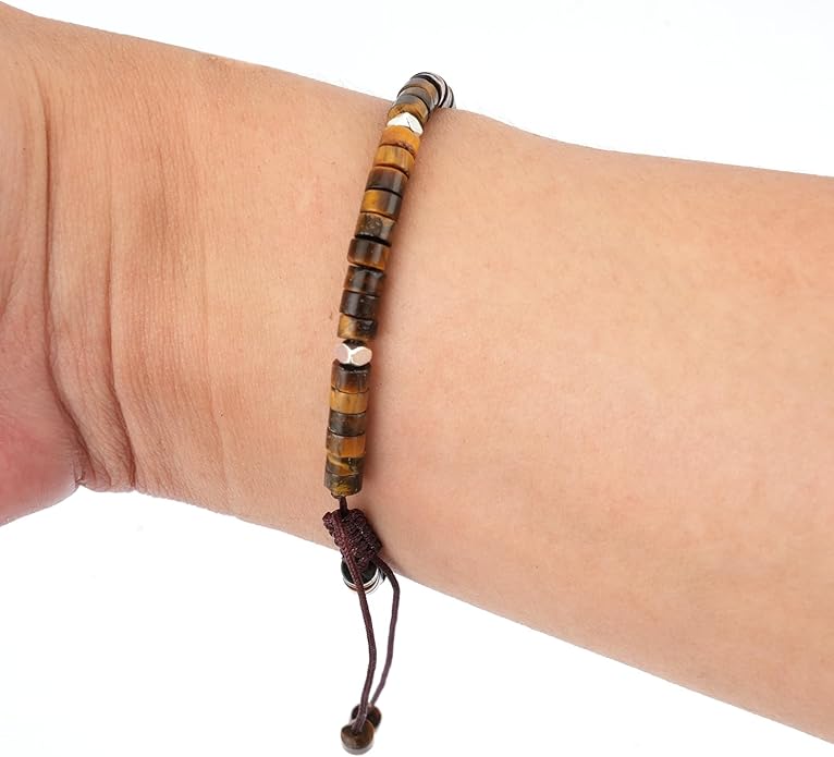 Adjustable Natural Stone Bracelet Set for Women & Men, Handmade Stretchable Beaded Bracelets (Crazy Agate/Blue Emperor/Red Wood Grain/Tiger Eye/Red Turquoise) - Christmas Gift for Her, Him, Friends, Family, Mom, Dad, Teacher, Grandparents