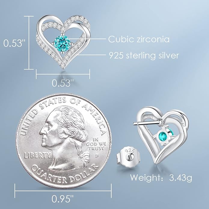 CDE Forever Love Heart Stud Earrings for Women, 925 Sterling Silver Birthstone Heart Stud Earrings Christmas Day Mother's Day Gift Anniversary Birthday Jewelry Gifts for Women Wife Her