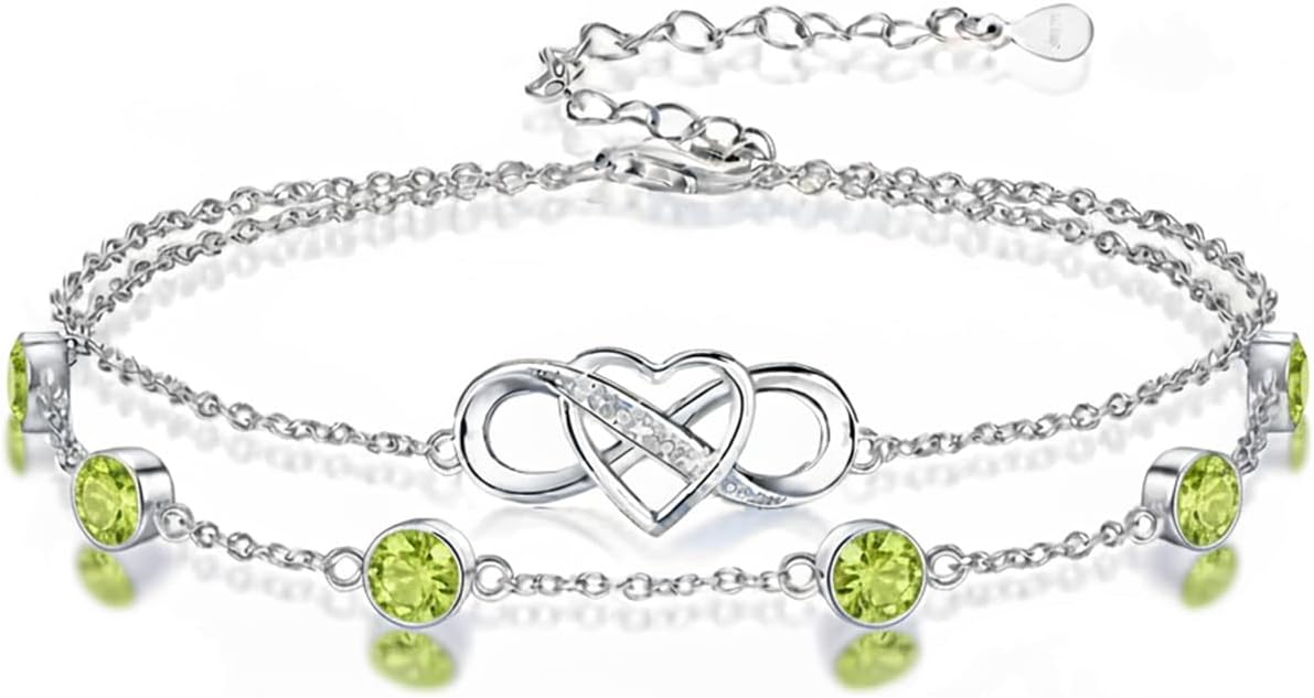 Prismata Infinity Birthstone Charm Link Bracelet 925 Sterling Silver Adjustable 12 Months Birthstone Infinity Bracelet Birthday Jewelry Gifts for Women Mom Her,with 7"+2" chain