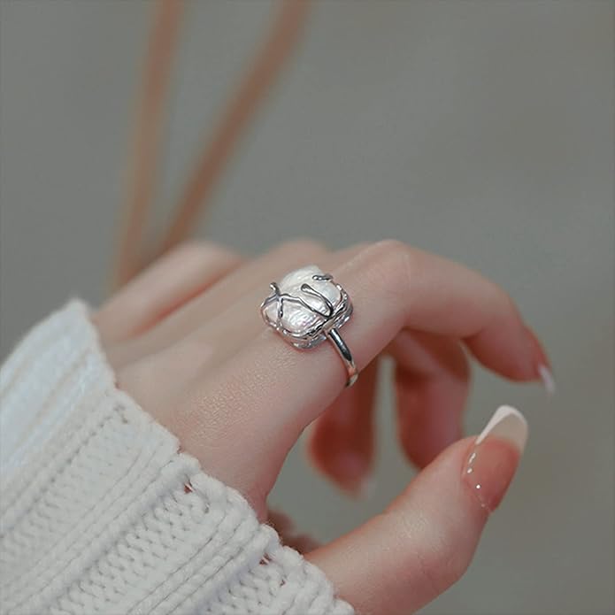 HETICA Irregular Pearl Silver Ring for Women Baroque Pearl Ring Fashion Statement Ring Jewelry Gift