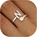 Valentines Day Gifts Gold Silver Initial Rings for Women Non Tarnish Dainty 14k Gold Plated Stackable Rings for Women Trendy Adjustable Letter Cubic Zirconia Pinky Ring Cute Open Birthday Gift Jewelry