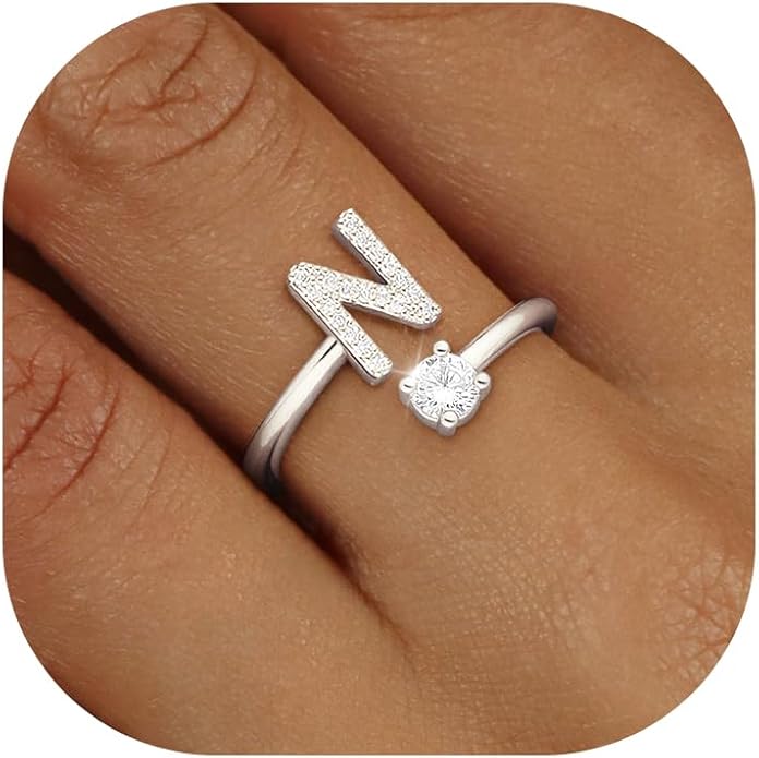 Valentines Day Gifts Gold Silver Initial Rings for Women Non Tarnish Dainty 14k Gold Plated Stackable Rings for Women Trendy Adjustable Letter Cubic Zirconia Pinky Ring Cute Open Birthday Gift Jewelry