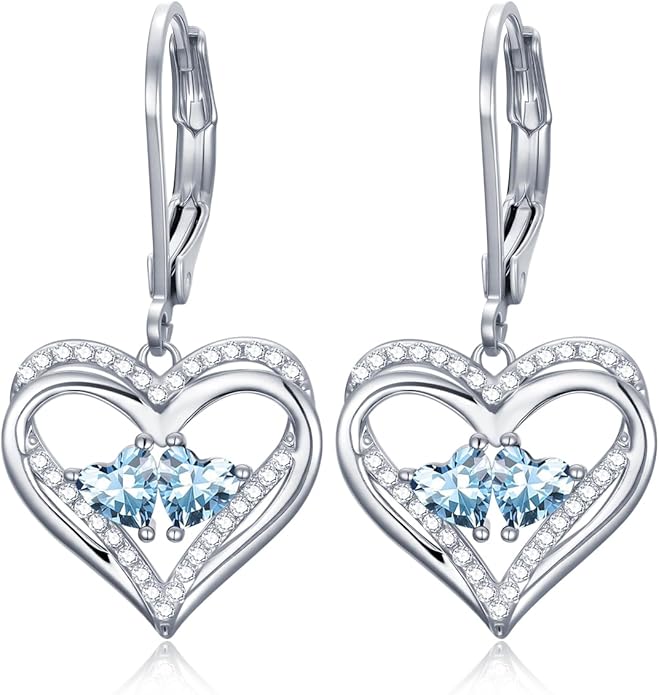 Valentines Day Gifts for Women, Heart Leverback Earrings Double Birthstone Dangle Earrings for Women, Love Jewelry for Her, Anniversary Birthday Gift for Mom Wife Girlfriend
