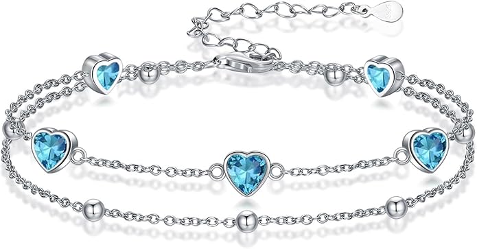 Birthstone Anklet/Bracelets for Women 925 Sterling Silver Charm Link Double Strand Heart Birthstone Jewelry Gift for Wife Women Mother's Day Gift