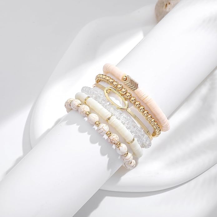 GOOJIDS Surfer Heishi Clay Bead Bracelets for Women Bohemian Stackable Gold Plated Beaded Stretch Bracelets Elastic Layering Friendship Bracelets Set Boho Jewelry