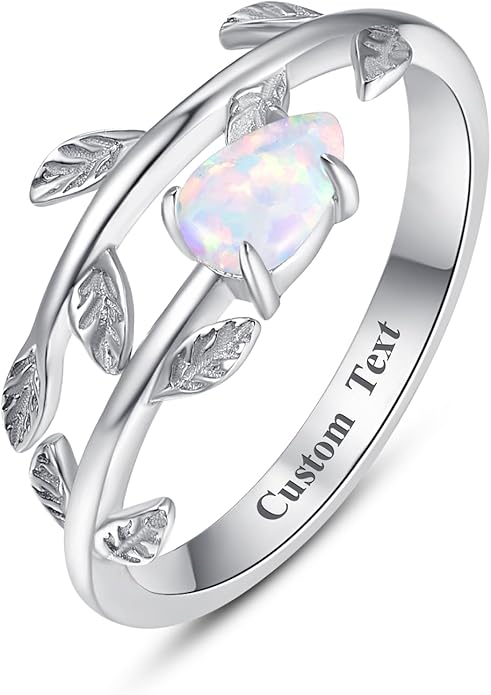 PRAYMOS 925 Sterling Silver Leaf Ring White Opal Moonstone Rings Adjustable Open Ring for Women with Jewelry Box Size 7-9
