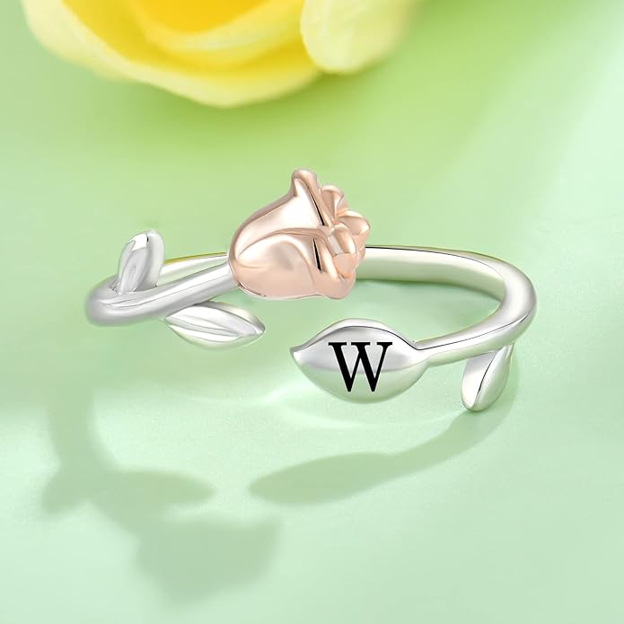 STARCHENIE Rose Initial Ring for Women 925 Sterling Silver Letters A-Z 26 Alphabet Adjustable Ring Size 7