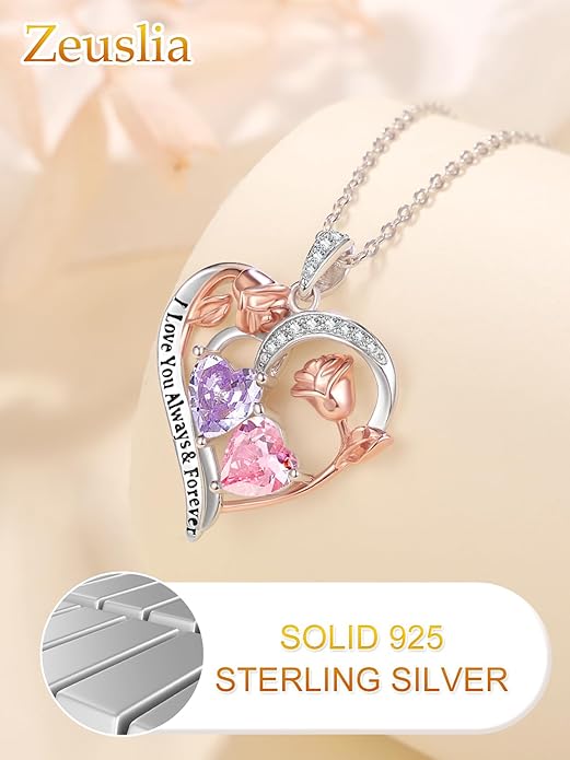 Valentine's Day Gifts for Wife 925 Sterling Silver Double Birthstone Pendant Necklaces I Love You for Always and Forever Necklace Anniversary Birthday Gifts for Wife Girlfriend Mom Her