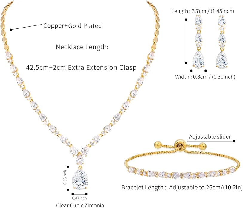Bridal Wedding Jewelry CZ Set Marquise Teardrop Cubic Zirconia Pendant Necklace and Dangle Earring Bracelet Sets for Women
