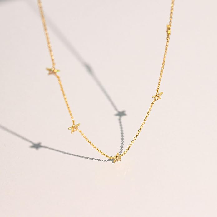 VRIUA Necklaces for Women - 14K Gold/Silver Plated Dainty Chain Necklace with Five Charms: Diamond, Bow, Snowflake, Cross, Flower, Clover, Butterfly, Heart, Star of David, and Star Trendy Jewelry