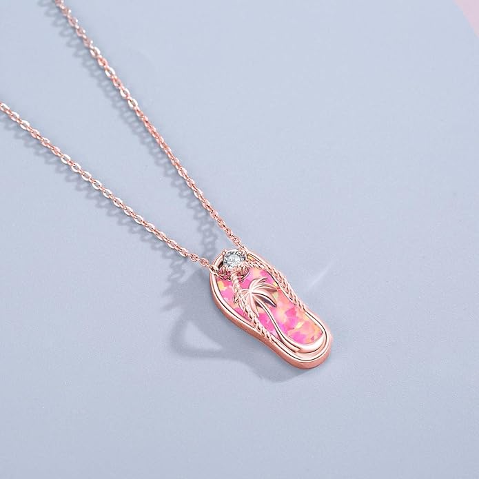 Midir&Etain Ocean Necklace 925 Sterling Silver Blue Opal Necklace Starfish/Flip Flop/Shark Pendant Beach Ocean Jewelry for Women