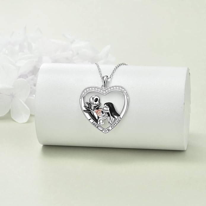 LILALO Nightmare Necklace Sterling Silver Abalone Shell Crystal Jack and Sally Necklace Jack Skellington Skull Jewelry Skull Necklaces for Women