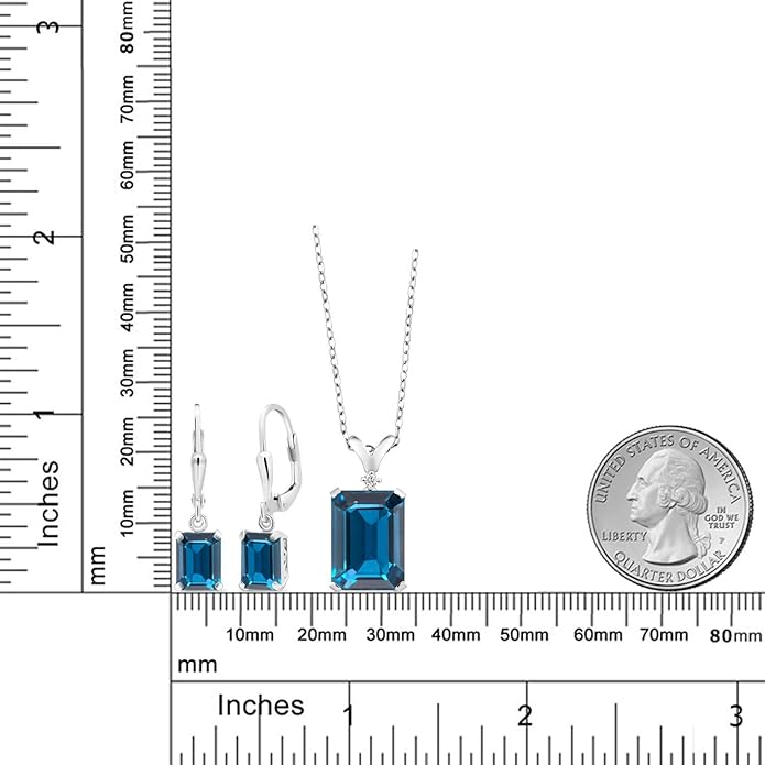 Gem Stone King 9-13 Cttw Pendant and Earrings Jewelry Set For Women | Emerald Cut 14X10MM and 8X6MM | Round 1.5MM | Gemstone Birthstone and Diamond | 925 Sterling Silver | 18 Inch Silver Chain