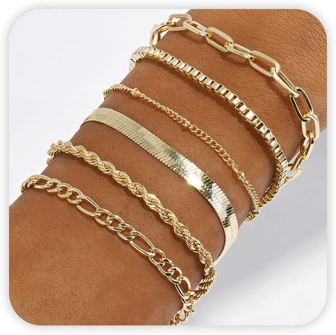VIBILIA Dainty Gold Chain Bracelet for Women Trendy Stackable Adjustable Layered Metal Bracelet Gold Plated Twist Link Figaro Chain Paperclip Bracelets Fashion Jewelry