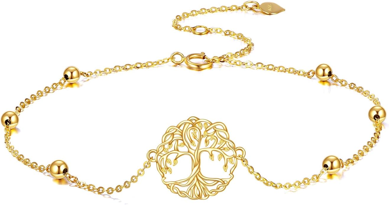KECHO 14k Yellow Gold Butterfly/Dragonfly/Frog/Sunflower/Daisy/Tree of life/Moon/Clover Bracelet Anklet for Women
