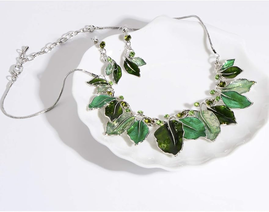 AMYJANE Vintage Statement Jewelry Set - Spring Leaf Flower Floral Plant Necklace Earring Set Crystal Rhinestone Fashion Costume Jewelry for Women Prom Party Unique Gift
