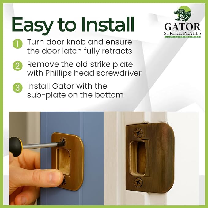 Gator Door Strike Plate 2-1/4" Latch Restorer, Antique Brass, No Chiseling - Image 7