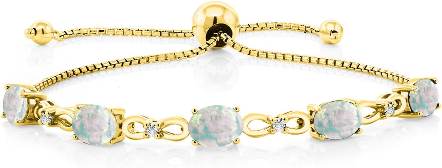Gem Stone King 7X5MM Oval Cut Gemstone Birthstone and Accent Lab Grown Diamond Tennis Bracelet For Women In 18K Yellow Gold Plated Silver | Adjustable Bolo Bracelet For Women | Easy-On Easy-Off