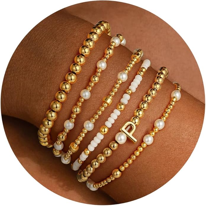 Turandoss 6PCS Beaded Initial Bracelets for Women Girls Valentines Day Gifts - 18K Gold Plated Beaded Initial Letter Bracelet Initial A-Z Stretch Bead Stackable Bracelet Valentines Day Gifts for Her