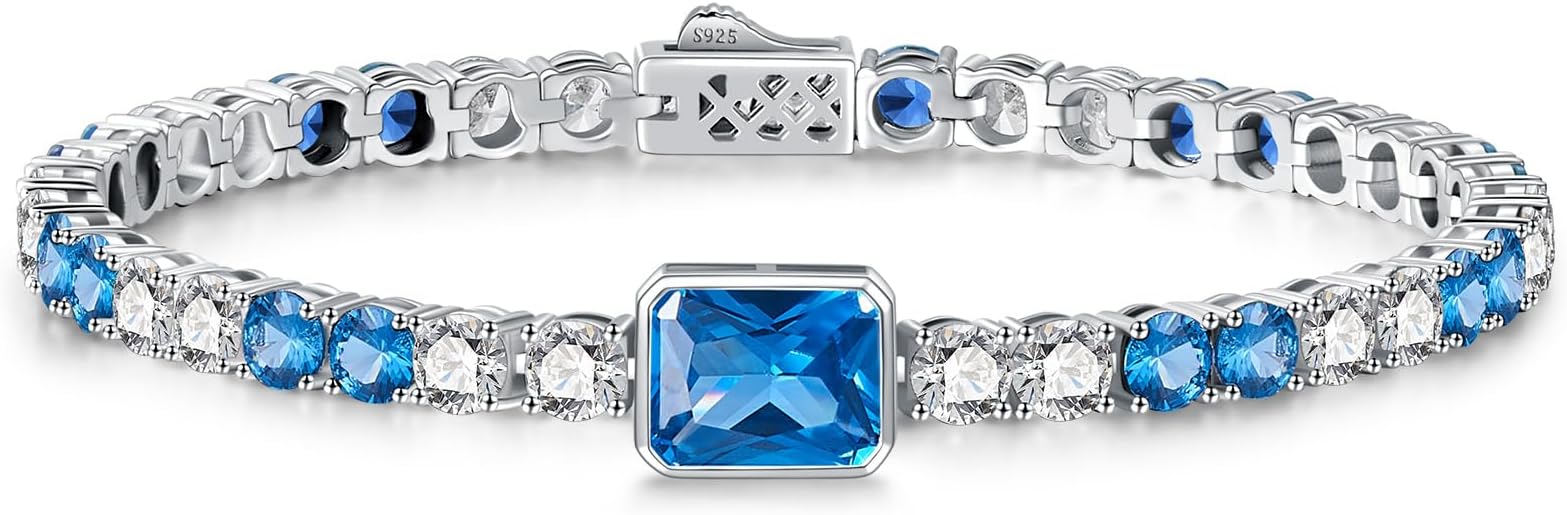 Birthstone Bracelets for Women Birthday Gifts 4CT Radiant Cut Birthstone 4mm Sterling Silver White Gold Tennis Bracelets for Women Round Cut 5A Cubic Zirconia Bezel Setting 7 Inch