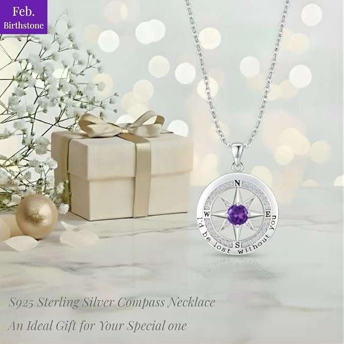 Compass Necklace for Women Wife Girlfriend Mom Daughter Gifts S925 Sterling Silver Jewelry For Anniversary Rose Gold Gifts For Birthday Christmas Mothers Valentines Day 12 Birthstones