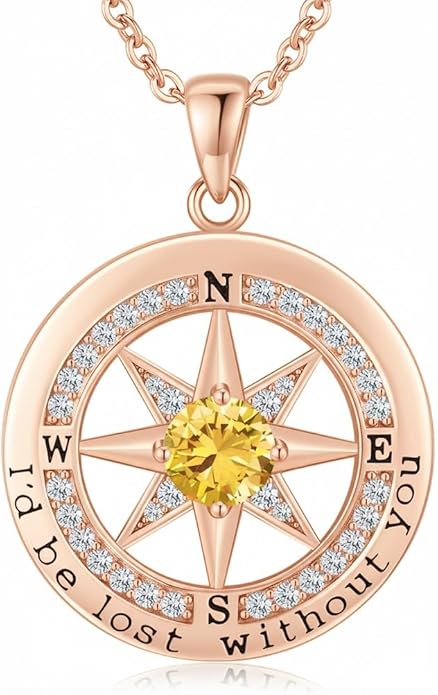 Compass Necklace for Women Wife Girlfriend Mom Daughter Gifts S925 Sterling Silver Jewelry For Anniversary Rose Gold Gifts For Birthday Christmas Mothers Valentines Day 12 Birthstones