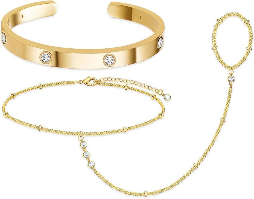 My Queen Gold Bracelets for Women 14K Gold Plated Dainty Stackable Hand Chain Bracelet Trendy Ring Chain Bangle Cuff Bracelets Adjustable Body Jewelry Set Gifts