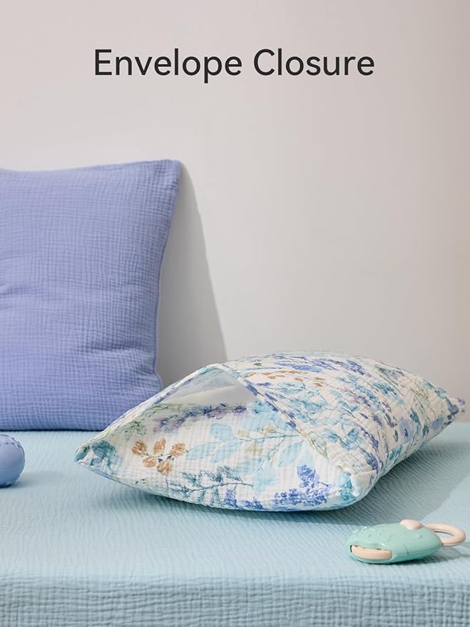 TILLYOU Muslin Toddler Pillowcase 2 Pack, 13x18 Soft Travel Cotton Pillow Case Kids for Boys and Girls, Blue Flower